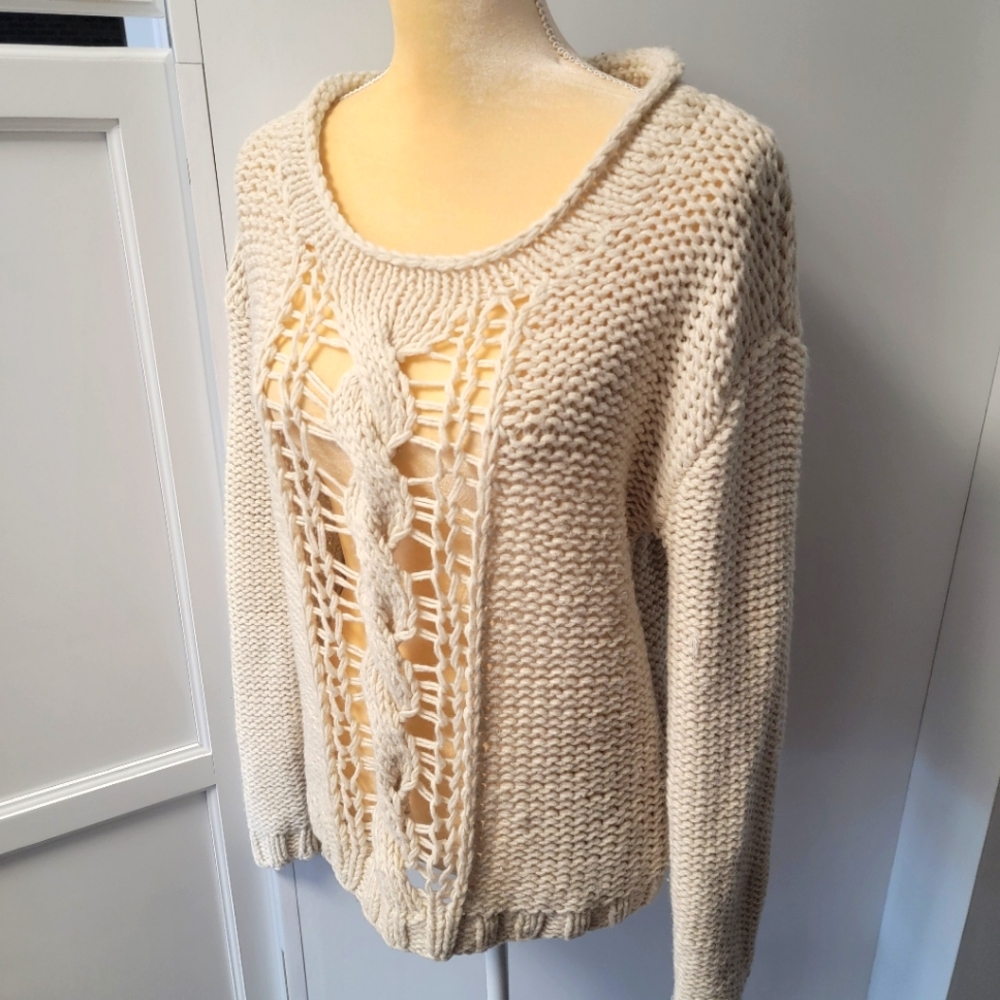 Kimchi Blue Urban Outfitters Ladder Open Knit Cream Sweater Wool Blend Large